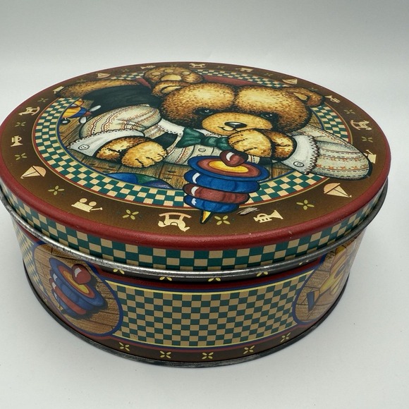 4 Vtg Christmas Metal Cookie Candy Tins Round MCM Santa Bear Toy Winter Snow - Picture 8 of 14